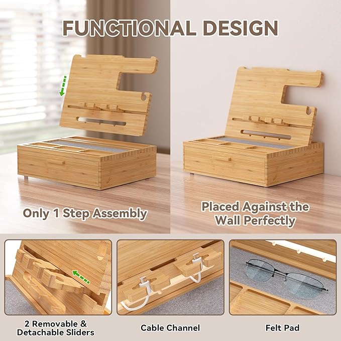 Pezin &amp Hulin Wooden Charging Station Bedside Nightstand Tray with Spacious Drawer Felt Pads for Phones Watch Idea Gifts for Him Birthday Son Christmas for Papa Fathers Day (Nature)