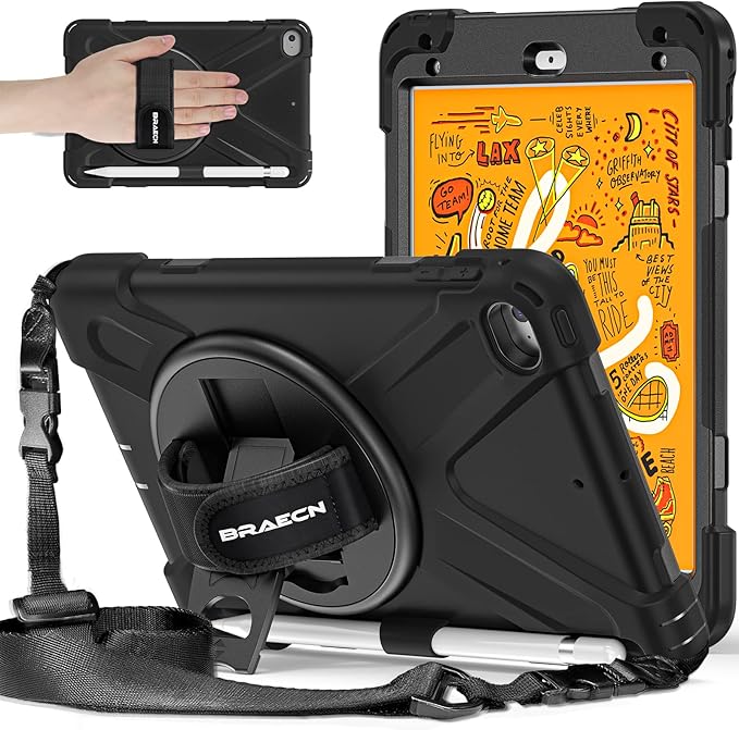 BRAECNstock for Apple iPad mini 5/4 Case 2019/2015 7.9 Shockproof Protective Cover with Pencil Holder Rotating Hand Strap &amp Stand Shoulder Strap Case for iPad mini 5th/4th Generation Black