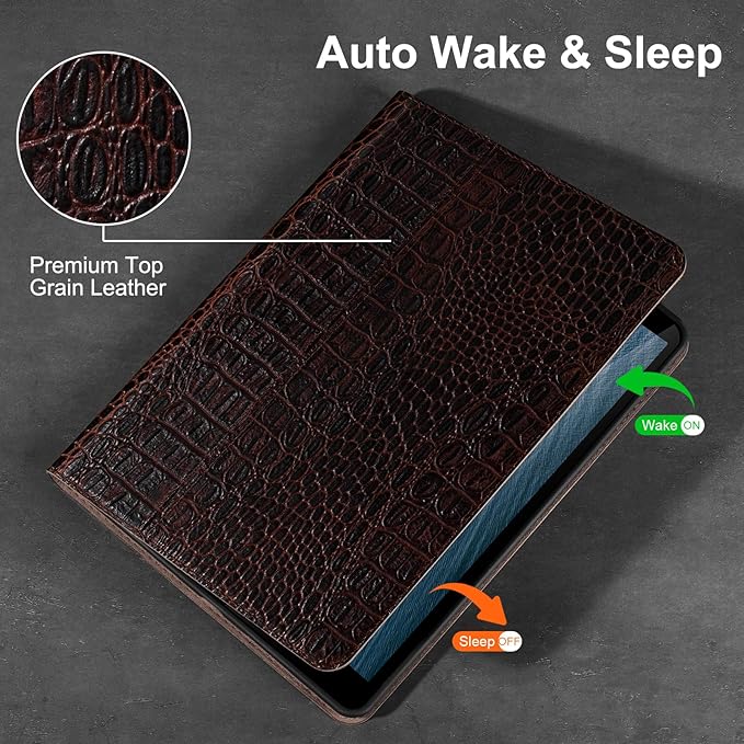 Gexmil Leather Case for iPad 10.2 Inch 9th/8th/7th Gen 2021/2020/2019Premium Cowhide Folio Cover with Pencil Holder Auto Wake/SleepAdjustable Stand Anti FingerprintBrown Crocodile