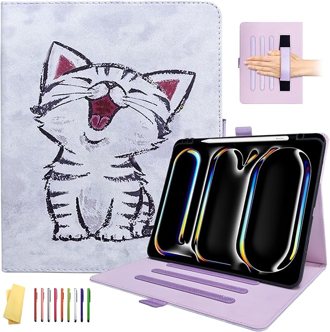 for iPad Pro 13 inch M4 Case 2024with Stand/Hand Strap/Pencil Holder/Pockets [Auto Wake/Sleep] PU Leather &amp Soft TPU Back Shockproof Cover Magnetic Smart Wallet ShellCute Red-Billed Cat