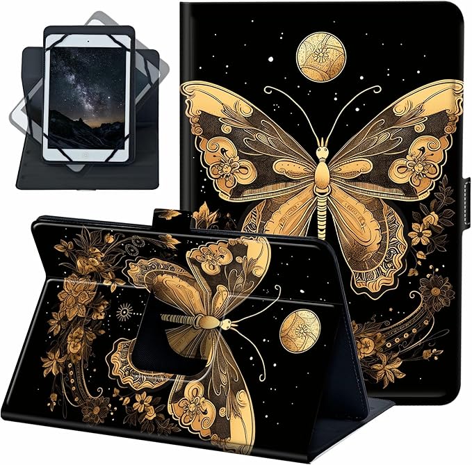 for Universal 10 10.1 Inch Android Tablet Case 360 Degree Rotating PU Leather Stand Folio Cover for iPad 9.7/10.2/10.5/Galaxy Tab 9-10.5/Fire HD 10 and More 9.0-10.5 Inch TabletButterfly Moon
