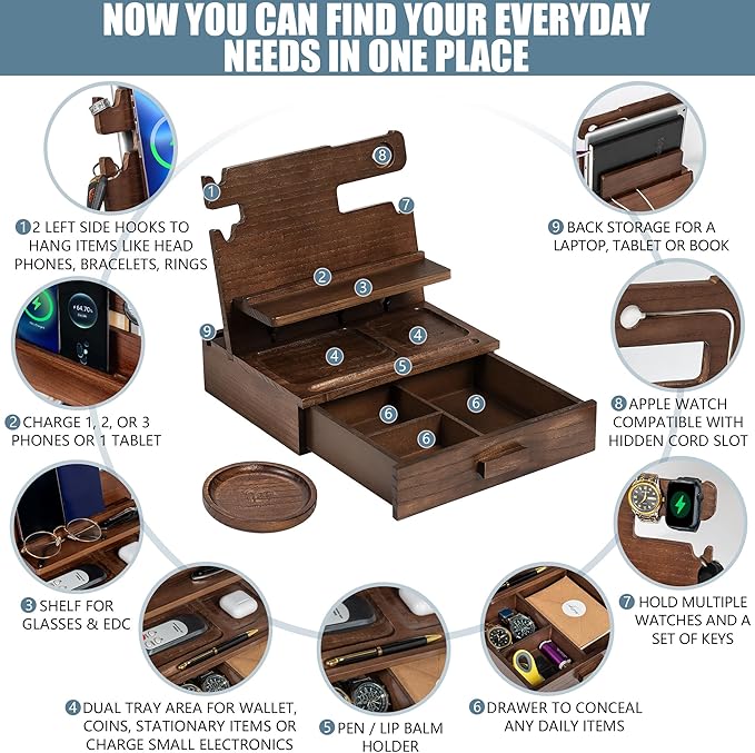 Wood Phone Docking Station for up to 3 Phones - Nightstand Organizer with Drawer for Valuables for Men &amp Women Compatible with Apple Watch Holds Phones Tablets Keys Rings Glasses Watches &a