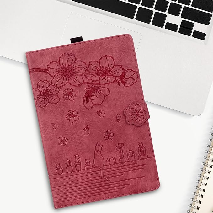 Case for Samsung Galaxy Tab S10 FE+/S10 FE Plus 13.1 Inch 2025 (SM-X620/SM-X626B) with Pencil Holder/Pockets Folio Stand Embossed Cherry Blossom PU Leather Magnetic Wallet Cover Wine Red Cat