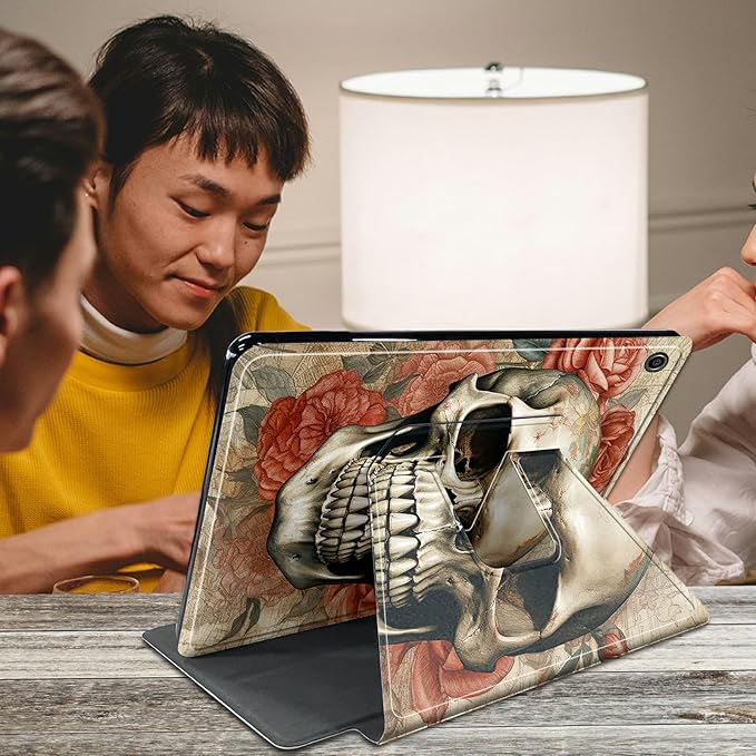 Case for Kindle Fire HD 10 Tablet (5th/7th/9th Generation2015/2017/2019 Release) Skull Roses Theme 360 Degree Rotating Stand Protective Cover with Auto Sleep/Wake for HD 10 Tablet