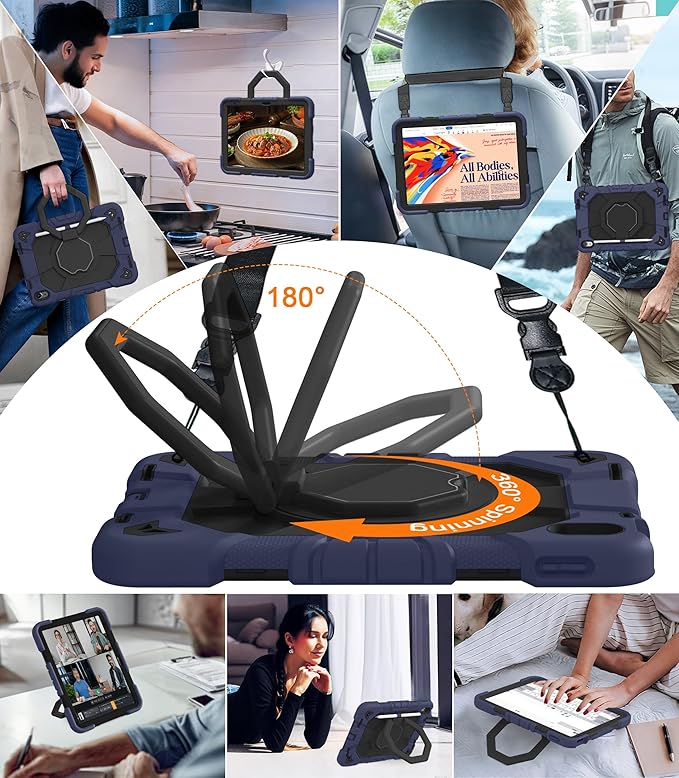 JKSML Case for iPad (A16) 11th/10th Gen | 360° Rugged Rotating Stand | Pencil Holder | Adjustable Shoulder Strap | Heavy Duty Drop Protective Cover for iPad 10.9 (2022)/ 11 (2025) - Navy Black