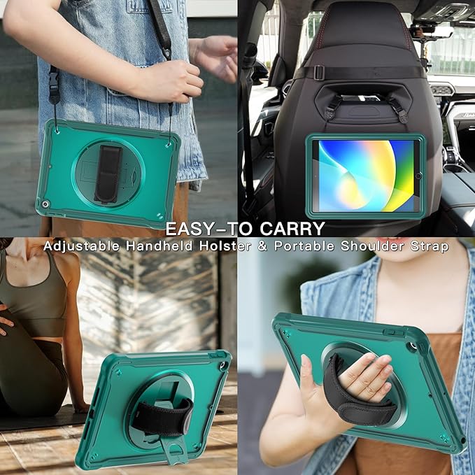 BRAECNstock for iPad 9th/ 8th/ 7th Generation Case 10.2 2021/2020/2019Shockproof Cover with 360° Rotating Hand Strap/StandScreen ProtectorCarrying Shoulder StrapPencil Holder(Midnight Green)