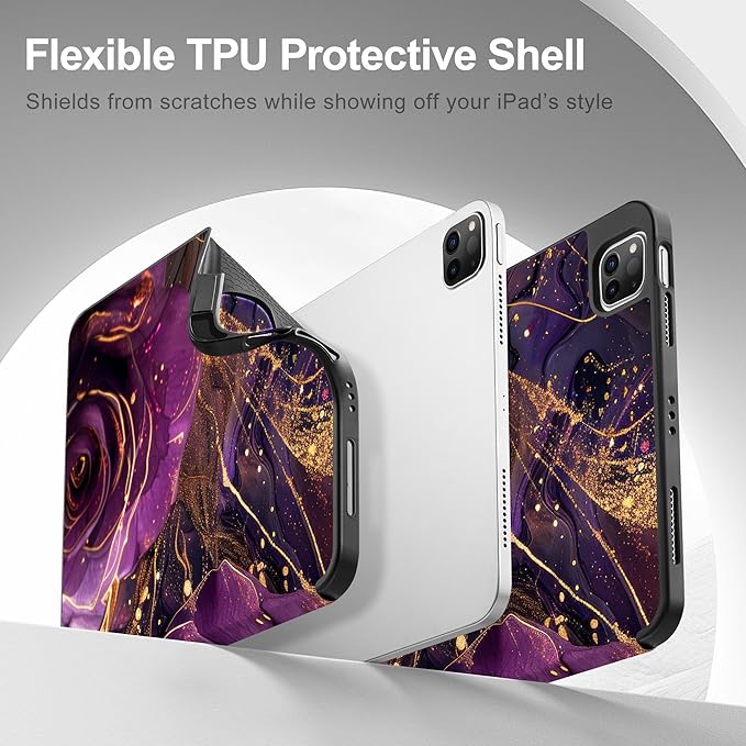May Chen Case for iPad Pro 11 inch (4th 3rd 2nd &amp 1st Gen) 2022 2021 2020 2018 Trifold Stand + Pencil Holder + Auto Wake/Sleep + Soft TPU Protective Stand Back Cover Purple Roses