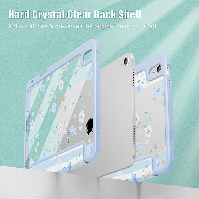 May Chen for iPad Air 11-inch M4/M3/M2 (2026/2025/2024) iPad Air 5th/4th 10.9 Inch - Shockproof Cover with Clear Back Shell &amp Penceil Holder Auto Wake/Sleep Stand Cover Flower Blue Waves