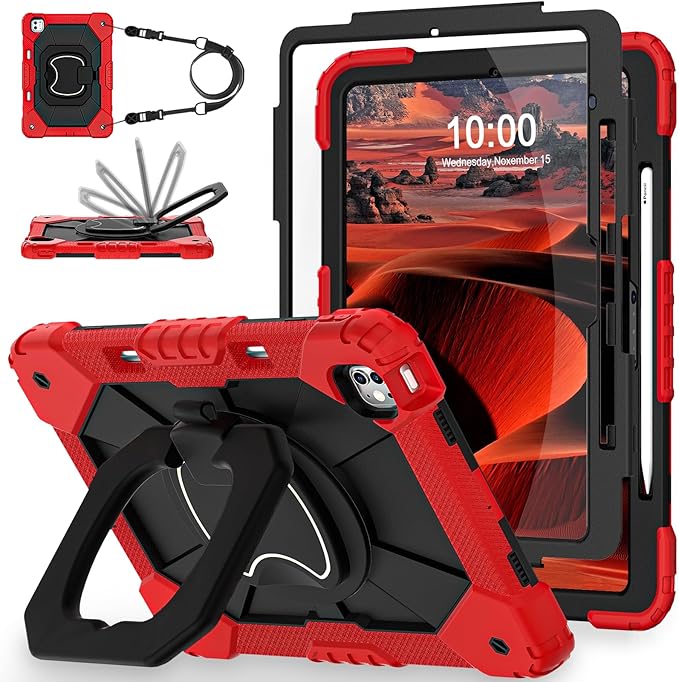 WESOROL for iPad Pro 13 Inch Case M5 2025/M4 (2024 Model7th Gen) with Screen Protector/360° Rotating Stand/Pencil Holder/Shoulder StrapMilitary Grade Shockproof iPad Case 13 Inch Pro M5/M4Red Black