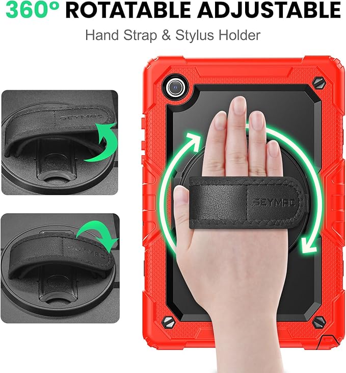 SEYMAC for Samsung Galaxy Tab A8 Case 10.5 Inch (SM-X200/ X205/ X207) Heavy Duty Full-Body Shockproof Protective Case with Screen Protector Rotating Stand Hand/Shoulder Strap and Pen Holder Red