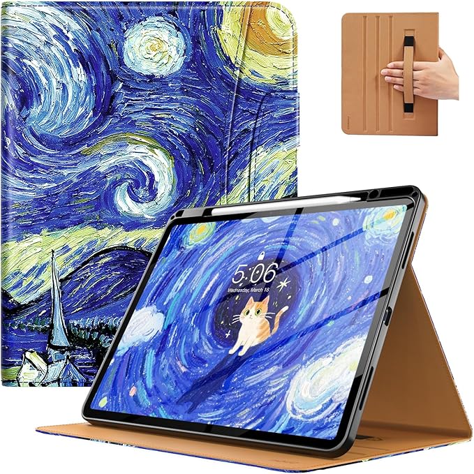 MoKo Case for iPad Air 13-inch (M4) 2026 / (M3) 2025 / (M2) 2024 with Pencil Holder &amp Hand Strap &amp Pocket Premium Leather Folio Stand Cover Multiple Viewing Angles Starry Night
