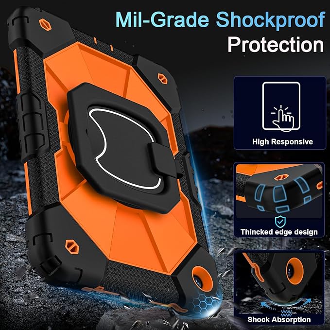 Case for Galaxy Tab A11 Plus/A9 Plus 11 Inch Heavy Duty Cases for Samsung Galaxy A11+/A9+ Tablet Case with Screen Protector 360 Rotating Stand Shoulder Strap Pen HolderBlack Orange