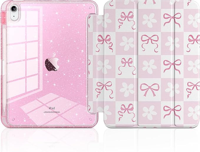 TWOLSKOO Sparkly Case for iPad Pro 11 inch (M5 2025 / M4 2024) Glitter Hard Acrylic Back with Pencil Holder Slim Trifold Stand Folio Cover Auto Sleep/Wake Bows &amp Daisy
