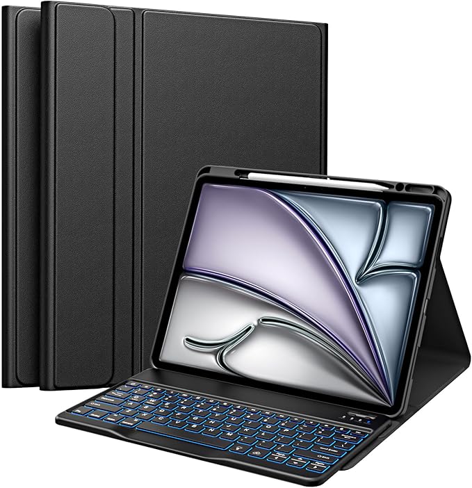 MoKo Keyboard Case for iPad Air 13-inch (2026/2025/2024) &amp iPad Pro 12.9 (2022-2018) 7-Color Backlit Detachable Bluetooth Keyboard with Pencil Holder Multi-Angle Stand Black