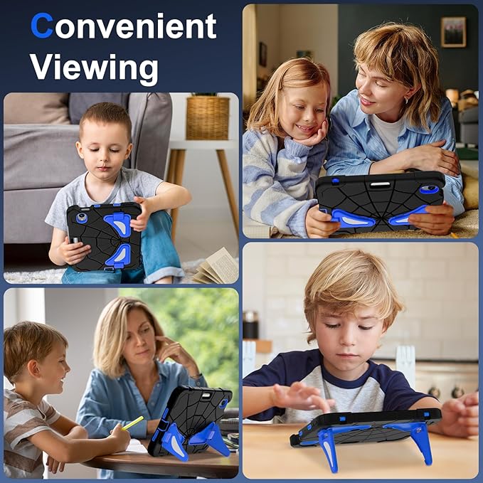 Kids Case for iPad mini 7 A17 Pro 2024/ Mini 6 8.3 inch Spider Case for iPad mini 7th 6th Generation Shockproof Durable Full Protective Cover with Pencil Holder Kickstand (Black+Blue)