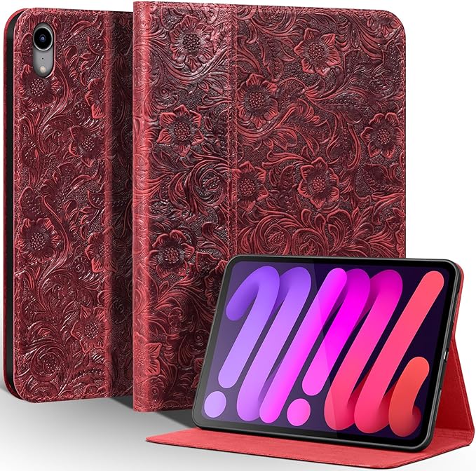 Gexmil Leather Case for iPad mini 7 (A17 Pro) 2024 / iPad mini 6 Generation 2021 8.3 InchPremium Cowhide Cover with Adjustable Stand Auto Wake/SleepFloral Red