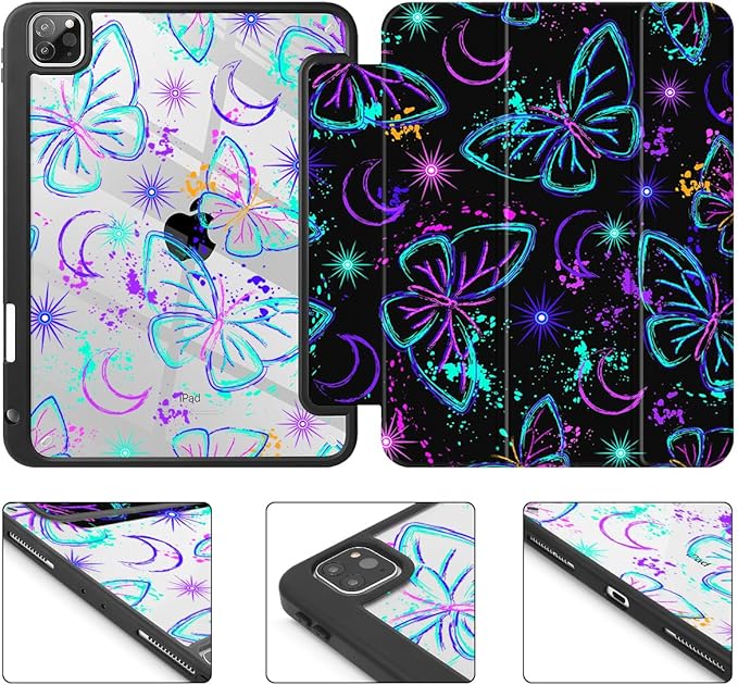 Mektron Case for iPad Pro 11 inch (4th 3rd 2nd &amp 1st Gen) 2022 2021 2020 2018 Buit in Pencil Holder with Shockproof Cover Clear Shell + Trifold Stand + Auto Wake/Sleep Fantasy Butterfly