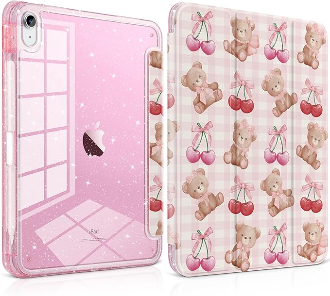 TWOLSKOO Sparkly Case for iPad Pro 11 inch (M5 2025 / M4 2024) Glitter Hard Acrylic Back with Pencil Holder Slim Trifold Stand Folio Cover Auto Sleep/Wake Cherry &amp Bears