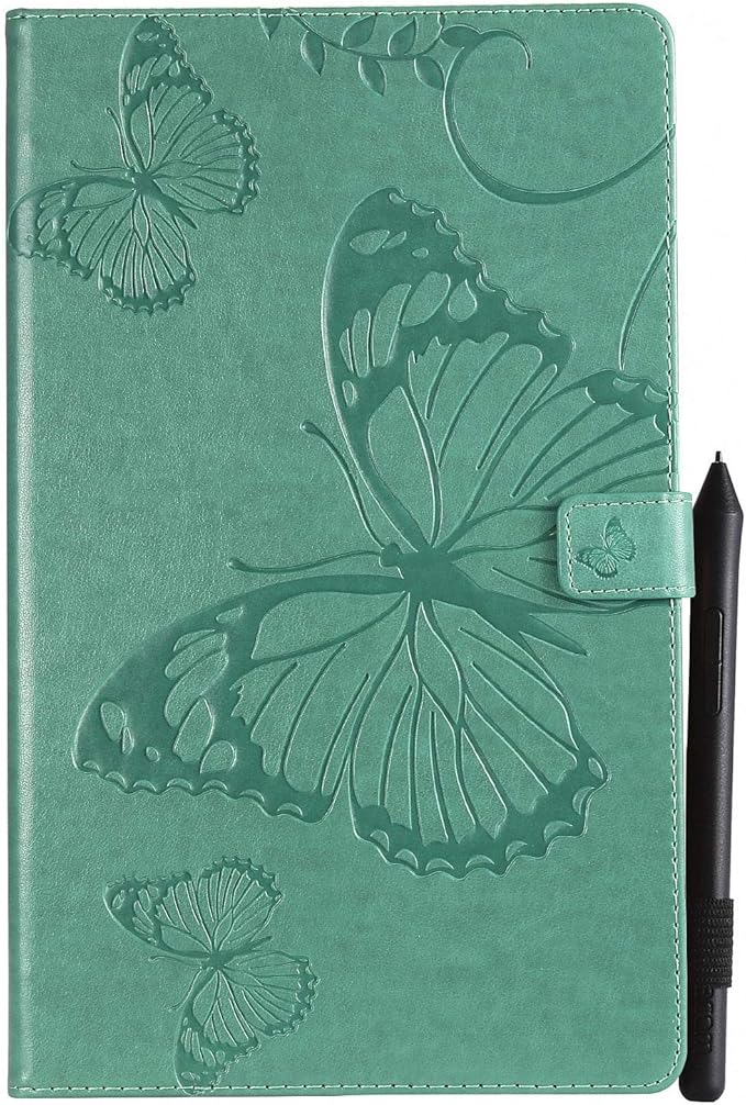 Kindle Fire HD 10 Tablet 2019/2017 Case 9th/7th Generation 10.1 with Pencil Holder Pockets [Auto Sleep/Wake] Folio Stand Embossed PU Leather Magnetic Smart Wallet Cover Green Butterfly