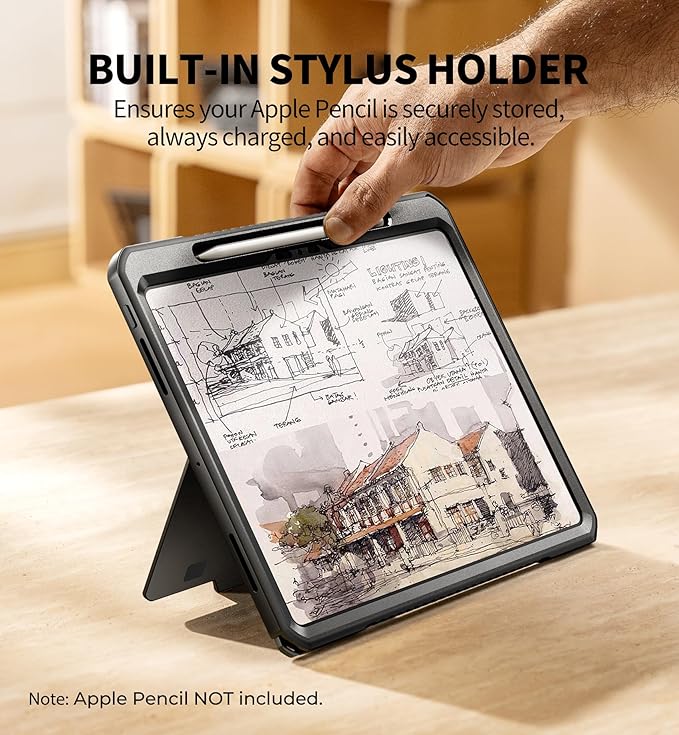 Dexnor for iPad Pro 13 inch Case M4 2024 Rugged Protective Case with 360° Rotating Hand Strap &amp Large Steady Stand &amp Screen Protector &amp Pencil Holder Shockproof Full-Body Bumper CoverBla