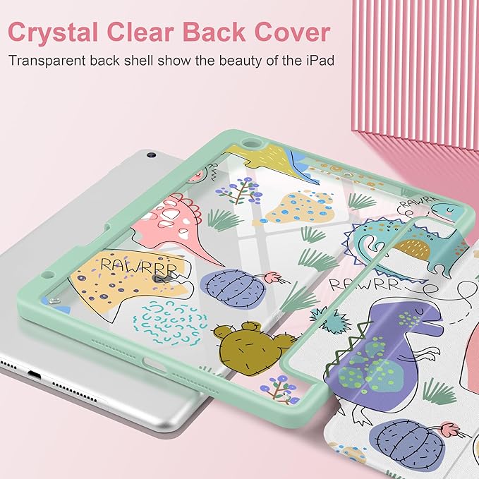 MEEgoodo Case for iPad 10.2 inchTablet Cases for iPad 9th Generation 2021/8th Gen 2020/7th Gen 2019 with Clear Acrylic Back Shell+Pencil Holder+Auto Wake/Sleep+Trifold Stand Funny Kids Dinosaurs