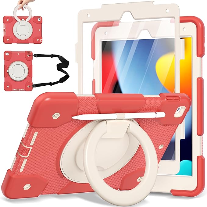 Case for iPad 9th/8th/7th Generation 10.2 inch Shockproof Cover with Screen Protector/360° Rotate Stand/Pencil Holder/Shoulder Strap Kids Case for iPad 2021/2020/2019 (Orange Pink+White)