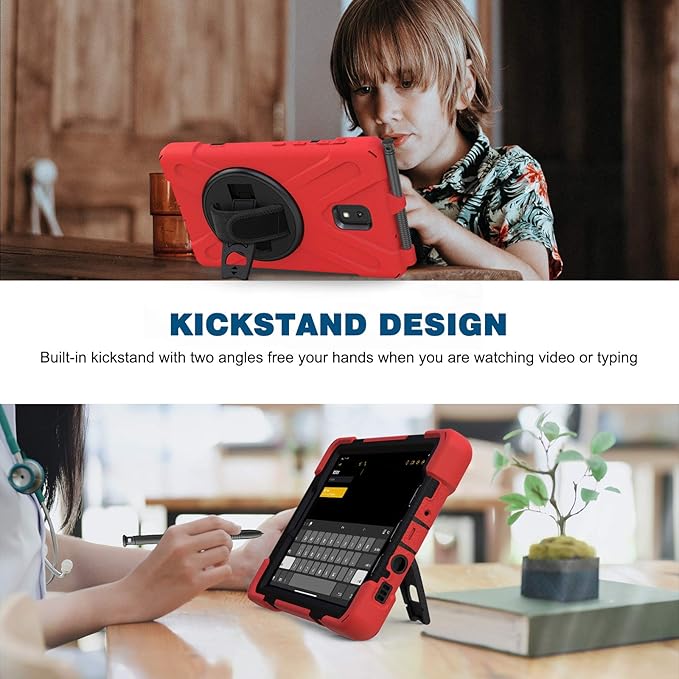 Case for Samsung Galaxy Tab Active 3 8 T570 T575 T577 Heavy Duty Shockproof Rugged 3 Layer Kids Durable Case with 360 Swivel Kickstand Shoulder Strap &amp Hand Strap (Red)