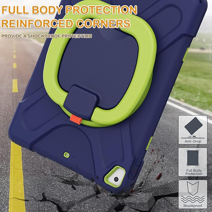 BRAECN Case for iPad 9.7” iPad 6th/5th Generation 2018/2017 iPad Air 2 Hybrid Shockproof Rugged Drop Protection Cover with Kickstand Pencil Holder Carrying Strap Hand Grip for Kids-Navy+Green