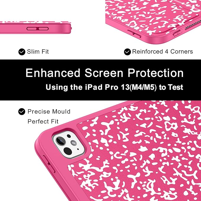Soke Case for New iPad Pro 13 Inch (M5/M4 2025/2024 Release) with Pencil Holder Trifold Stand Shockproof [Support Apple Pencil Charging + Auto Wake/Sleep] Soft TPU Back Cover Book Hot Pink