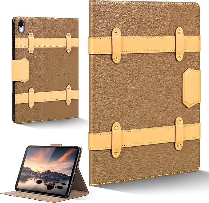Case for iPad A16 11th Gen 11 InchiPad 10th Gen. 10.9 InchLeather Folio Cover with Auto Wake/Sleep Adjustable StandDetachable Magnetic Closure Protection Case-Multiple Straps Yellow Brown