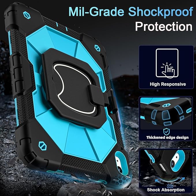 Case for iPad (A16)11th /10th Generation 11/10.9 Inch 2025/2022 with Screen Protector Rotating Stand Shoulder Strap Pencil HolderMilitary Grade Shockproof iPad Case 10th GenerationBlack Blue