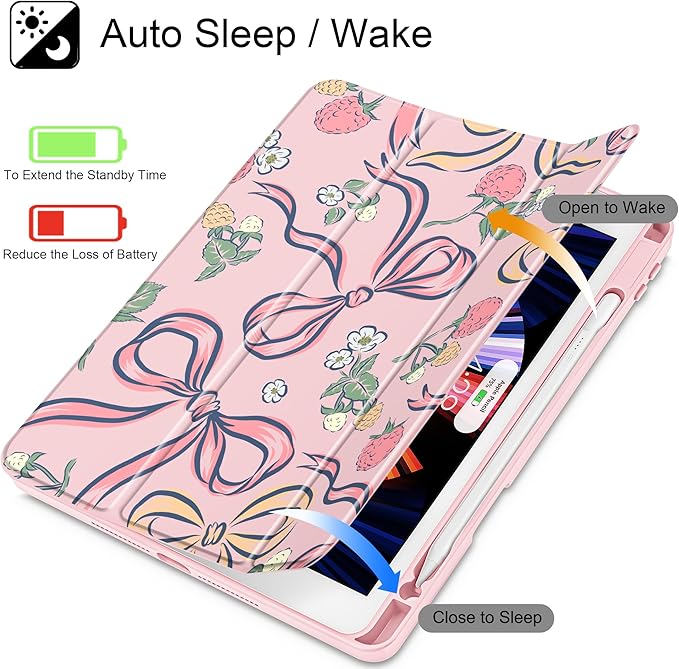 Case for iPad 9th/ 8th/ 7th Generation 10.2-Inch Case(2021/2020/2019 Release) [Built in Pencil Holder] Trifold Stand Auto Wake/Sleep Clear TPU Protection Back Cover Raspberry Bows