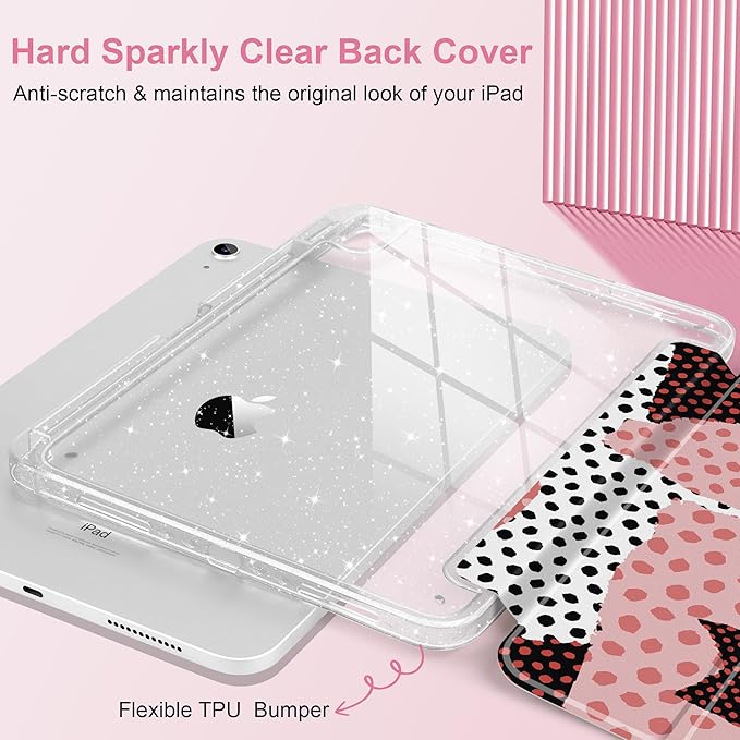 MEEgoodo Case for iPad A16 11th Generation 2025/10th Generation 2022 Glitter Tablet Cases with Transparent Acrylic Back+Trifold Stand +Pencil Holder+Auto Wake/SleepModern Creative Pattern