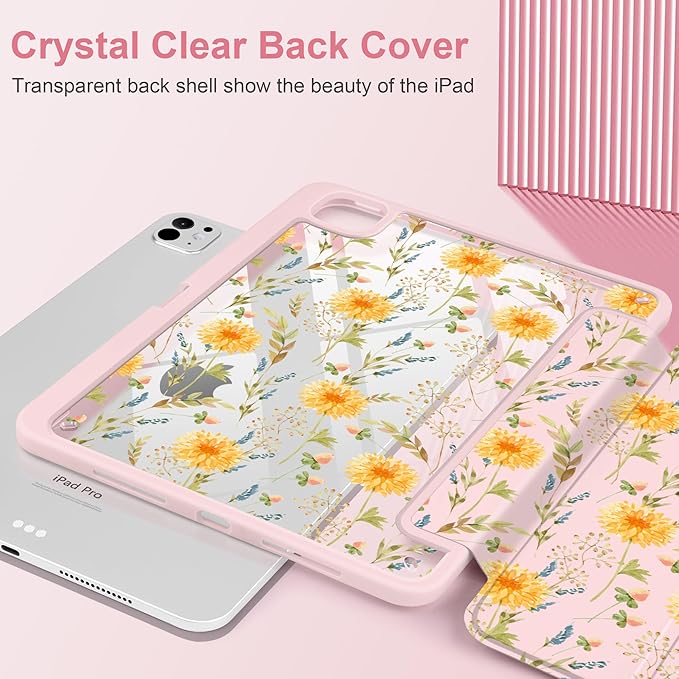 Case for iPad Pro 11 Inch (M5 2025 M4 2024) – [Built-in Pencil Holder] Shockproof &amp Stylish Clear Hard Back + Soft TPU Edge Magnetic Trifold Stand Auto Wake/Sleep Yellow Floral