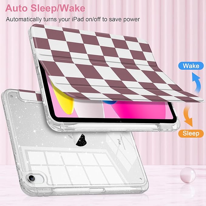 DONGKE for iPad Pro 11 inch Case – Fits M5 2025 / M4 2024 Shockproof Sparkling Glitter Acrylic Back Pencil Holder Trifold Stand Auto Sleep/Wake &amp Touch ID Support - Brown Checkerboard