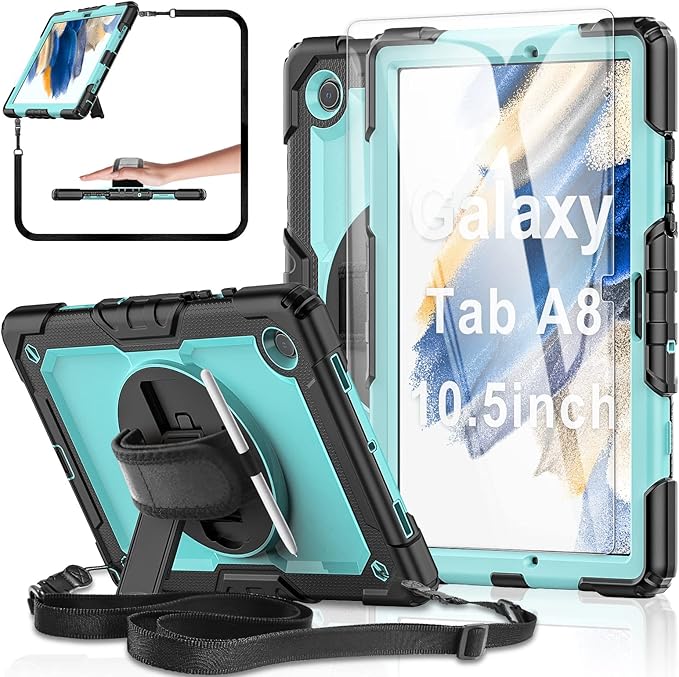 Case for Samsung Galaxy Tab A8 5G Tablet Case 10.5 inch [with Tempered Glass Screen Protector] Rotatable Kickstand S Pen Holder Hand/Shoulder Strap (SkyBlue)