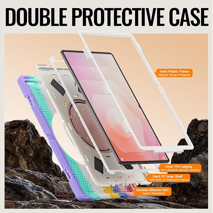 for Galaxy Tab S11 Ultra Rotating Case 14.6inch Heavy Duty Hybrid Rugged Case with S Pen Holder Shockproof Kids Cover with 360 Rotation Stand/Shoulder Strap (Colourful Pink)