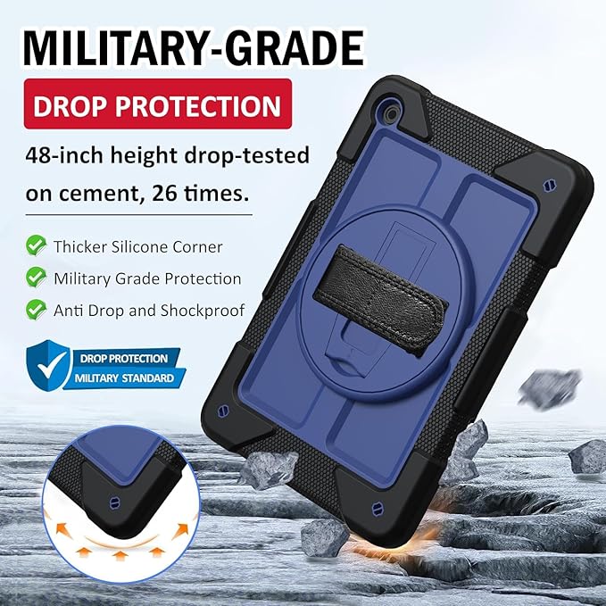 BMOUO for Samsung Galaxy Tab A9+ Plus Case 11 2023 (SM-X210/X216/X218) Shockproof Galaxy Tab A9 Plus Case with Rotating Stand and Hand/Shoulder Strap Navy Blue and Black