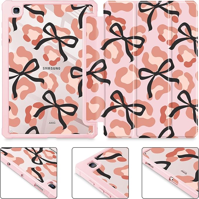 Mektron Case for Samsung Galaxy Tab S6 Lite 10.4 Inch 2024/2022/2020 with S Pen Holder Multi-Angle Viewing with Shockproof Cover Clear Shell + Trifold Stand + Auto Wake/Sleep Leopard Bows