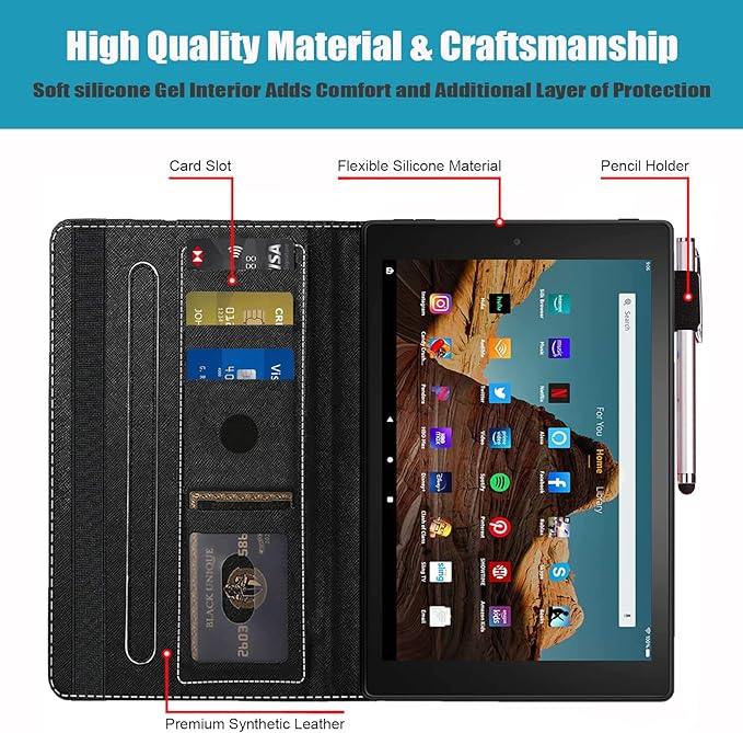 Case for Amazon Kindle Fire HD 10 Tablet 10.1 (9th/7th Generation 2019/2017 Release) Premium PU Leather Stand Cover with Smart Auto Wake Cute Black Cat Face
