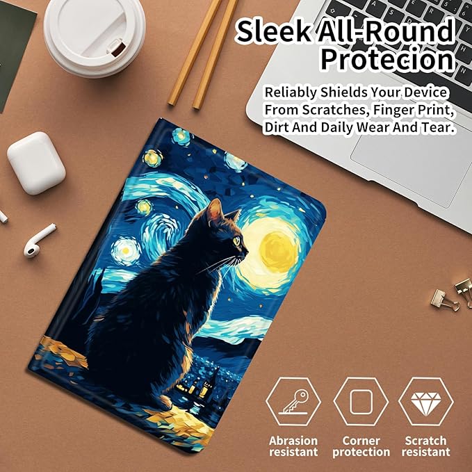 DIGTIALLL Case for Amazon Kindle Fire HD 10 &amp 10 Plus Tablet (11th Generation 2021 Release) 10.1 PU Leather Smart Protective Cover with Auto Sleep/WakeCat On Starry Night