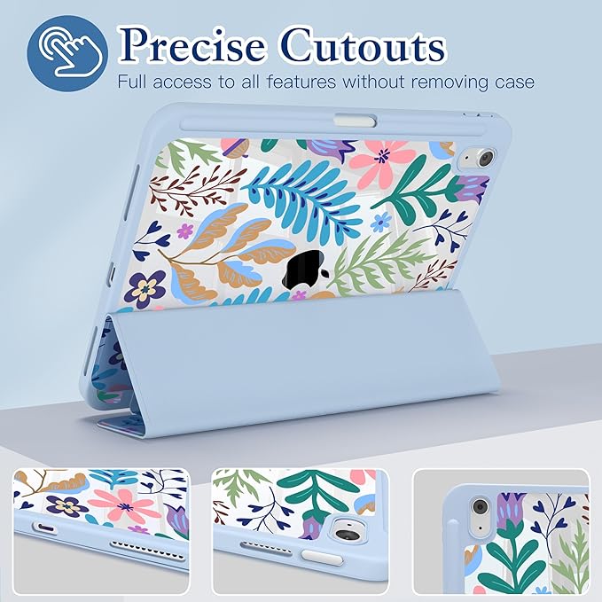 CISSOOK for iPad (A16) 11 inch Case 2025 /iPad 10th Generation 10.9 inch 2022 with Pencil Holder Trifold Stand with Soft TPU + PC Transparent Hard Shell Back Cover Blue Flora