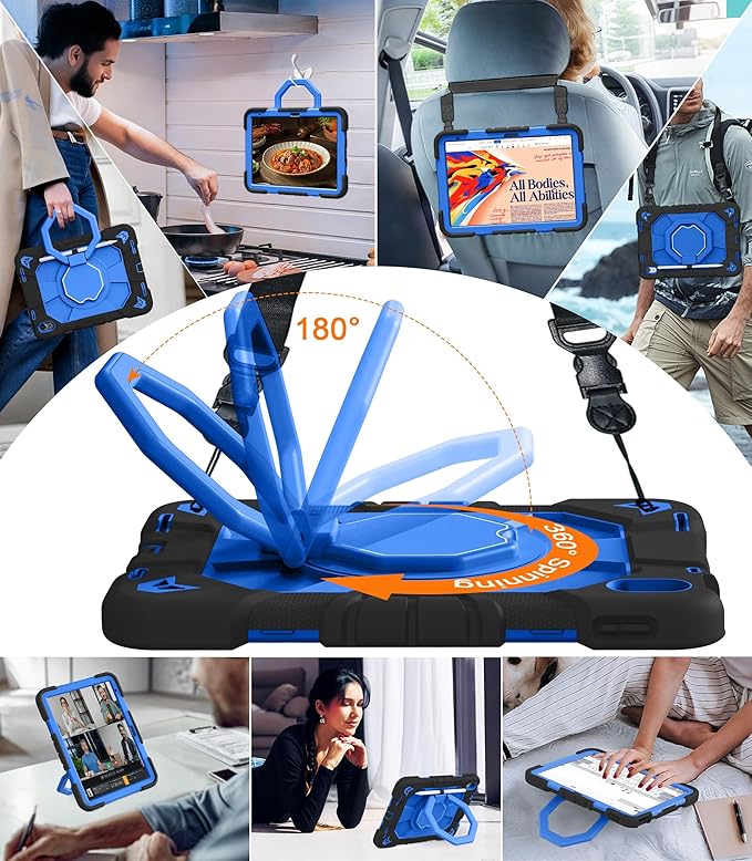 JKSML Case for iPad (A16) 11th/10th Gen | 360° Rugged Rotating Stand | Pencil Holder | Adjustable Shoulder Strap | Heavy Duty Drop Protective Cover for iPad 10.9 (2022)/ 11 (2025) - Blue Black-z