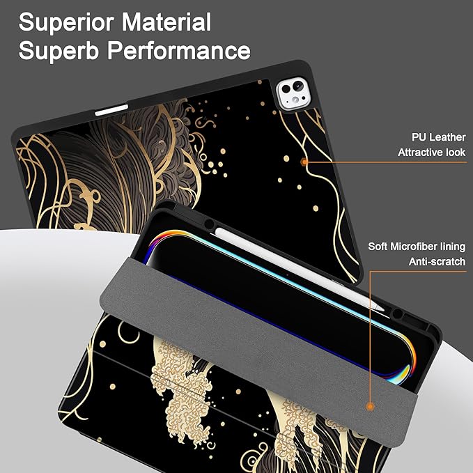 DONGKE Case for iPad Pro 13 inch (M5 2025 / M4 2024) – [Built-in Pencil Holder] Ultra Slim PU Leather Trifold Stand Cover with Soft TPU Back Auto Wake/Sleep - Golden Waves