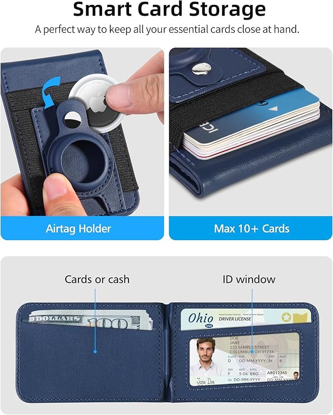 For Magsafe Wallet Stand with Airtag Holder Strongest Magnetic Phone Wallet for iPhone 17/16/15/14/13/12 Series ID Window 4 Card Slots 10 Cards Holder Vegan Leather RFID Blocking Navy Blue