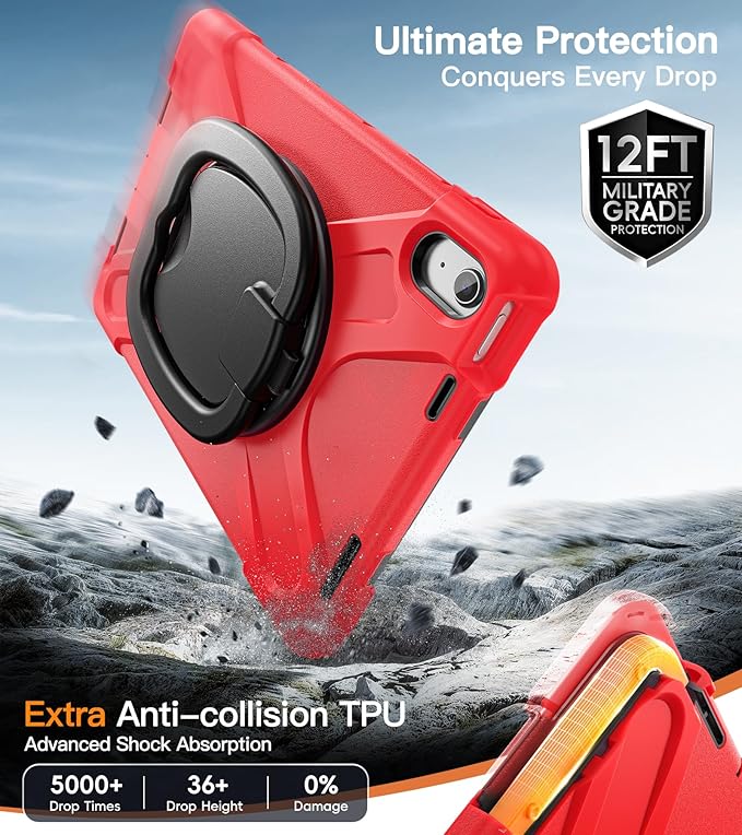 BATYUE Case for iPad (A16) 11th/10th Gen 11''/10.9'' 2025/2022 - Heavy Duty Shockproof Cover with 360° Rotating &amp 180° Folding Stand Screen Protector Shoulder Strap &amp Pencil Holder | Red