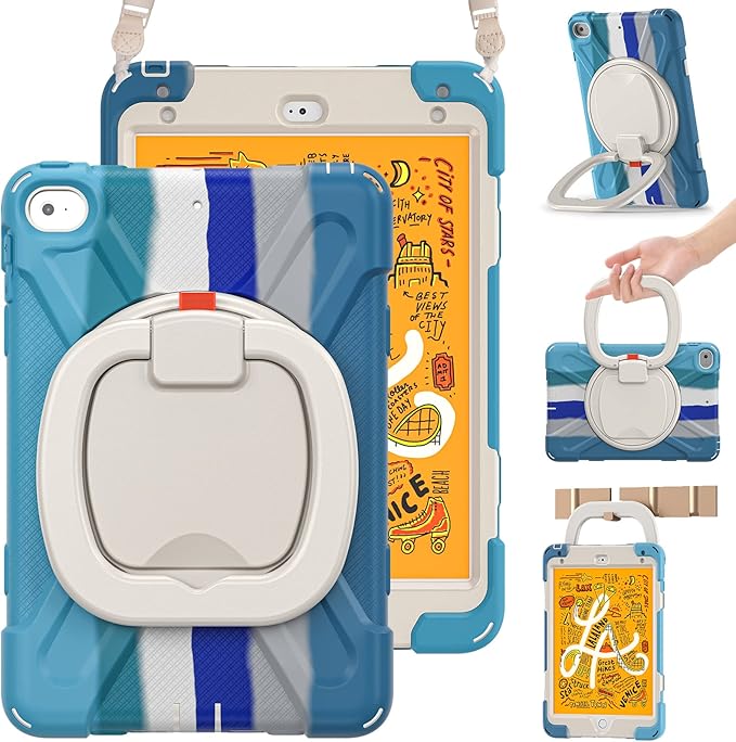 BRAECN Case for iPad mini 5 &amp iPad mini 4 Full-Body Shockproof Protective Cover with Kickstand Pencil Holder Rotatable Hand GripShoulder Strap for iPad mini 5th/4th Generation 7.9” Colorful B