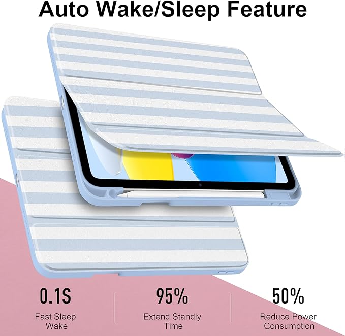 Case for iPad (A16) 11th Generation 11 inch 2025 /iPad 10th Gen 10.9 2022- Aesthetic Blue White Striped Trifold Cover Protection with Clear Back Shell Magnetic Wake Sleep Stripe Blue