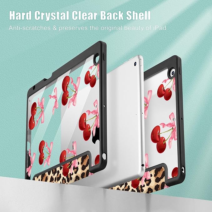 May Chen for iPad 9th Generation with Pencil Holder iPad 8th/7th Gen Case 10.2-inch [Penceil Holder] Trifold Stand Auto Wake/Sleep Clear TPU Protection Back Cover Cherry &amp Cheetah