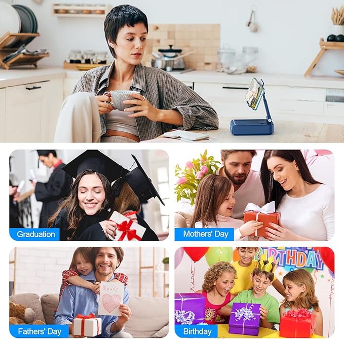 TechGlow Gifts for Men Women Foldable Cellphone Stand with Bluetooth Speaker and Charging Function 360° Rotatable Phone Stand Birthday Gift Idea for Mom Dad Cool Tech Gifts-Blue